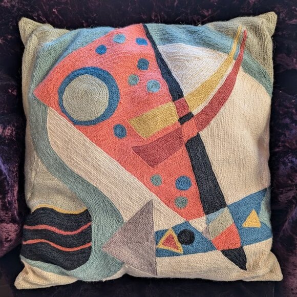Kandinsky Style Wool Chainstitch Crewelwork Decorative Accent Pillow - Picture 1 of 15